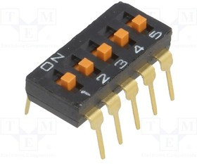 A6T-5104, Переключатель DIP-SWITCH, Кол-во секций 5, ON-OFF, 0,025A/24ВDC