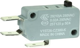 V15T26-CZ300-K, Микропереключатель, Стандартный, Контактный Плунжер, SPDT, Быстрое Соединение, 26 А V15T26-CZ300-K, Микропереключатель, Стандартный, Контактный Плунжер, SPDT, Быстрое Соединение, 26 А