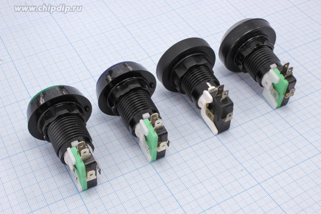 Переключатель кнопочный без фиксации, желтый с подсветкой, 220В/5А, (ON)-(ON); №1853 Y ПКн\250\ 5\(SPDT)\d24\чер\ ILжел12В\\5T\PB-300B/Y\