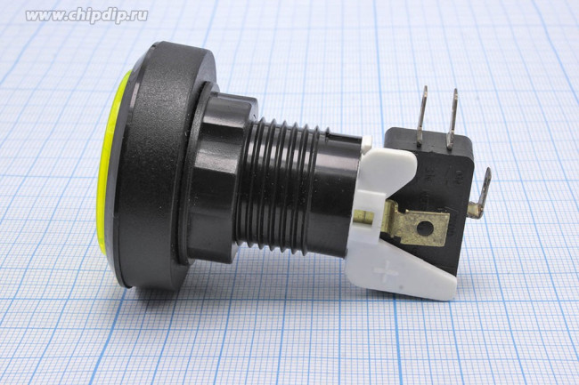 Переключатель кнопочный без фиксации, желтый с подсветкой, 220В/5А, (ON)-(ON); №1853 Y ПКн\250\ 5\(SPDT)\d24\чер\ ILжел12В\\5T\PB-300B/Y\