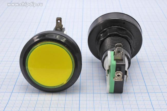 Переключатель кнопочный без фиксации, желтый с подсветкой, 220В/5А, (ON)-(ON); №1853 Y ПКн\250\ 5\(SPDT)\d24\чер\ ILжел12В\\5T\PB-300B/Y\