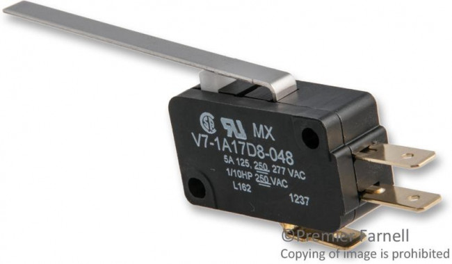 V7-1A17D8-048, Microswitch, Miniature, Lever, SPDT, Quick Connect, 5 A