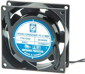 OA825AP-11-2TB, AC Fans Axial Fan, 80x80x25mm, 115VAC, 18CFM, 6W, 24dBA, 2300RPM, Ball, Lead Wires