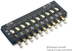 MCDHN-10F-V, DIP / SIP переключатель, 10 схем(-а), Ползунок, SMD (Поверхностный Монтаж), SPST, 24 В DC, 25 мА