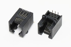 Разъем телефонный 6P6C розетка, контакты 6P, на плату/угловой, T4-6P6C[RJ-12]