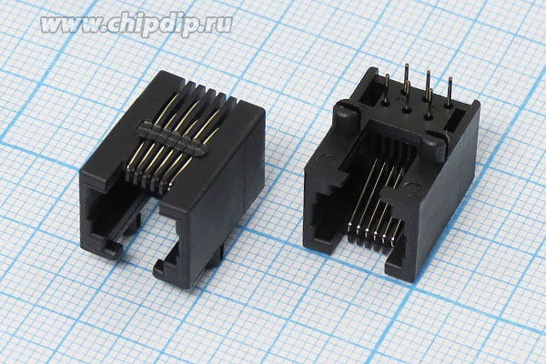 Разъем телефонный 6P6C розетка, контакты 6P, на плату/угловой, T4-6P6C[RJ-12]