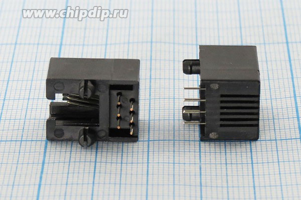 Разъем телефонный 6P6C розетка, контакты 6P, на плату/угловой, T4-6P6C[RJ-12]