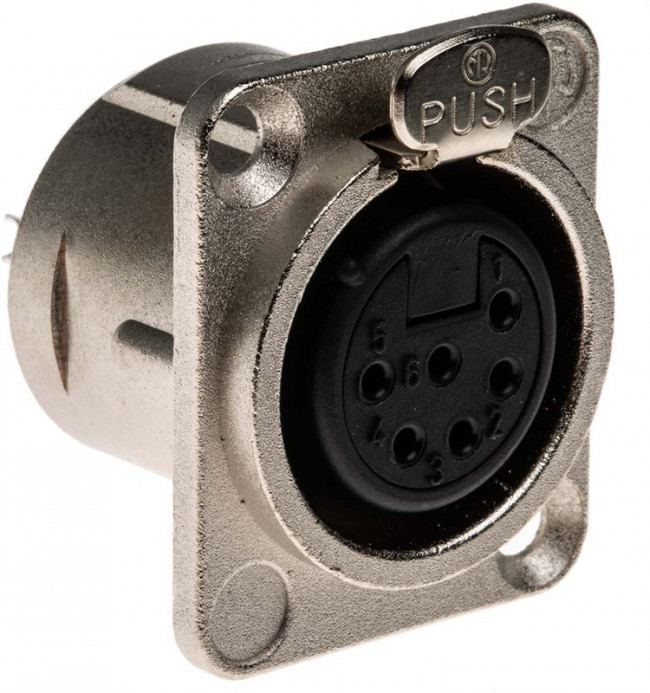 NC6FD-L-1, Аудио разъем XLR, 6 контакт(-ов), Гнездо, Монтаж в Панель, Контакты с Покрытием из Серебра