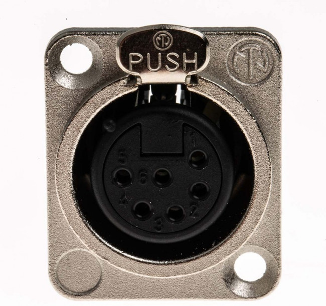 NC6FD-L-1, Аудио разъем XLR, 6 контакт(-ов), Гнездо, Монтаж в Панель, Контакты с Покрытием из Серебра