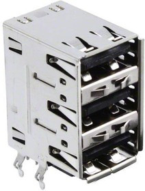 1001-007-01020, Conn USB 1.1 Type A F 4/4/4 POS 2mm Solder RA Thru-Hole 12 Terminal 3 Port