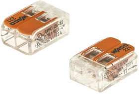 221-412 WAGO, Клемма зажимная соединительная 221-412, 2-х контактная, безвинтовая, 32 А, корпус прозрачный, рычаги оранжевые