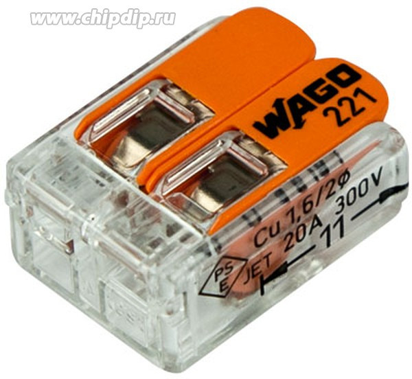 221-412 WAGO, Клемма зажимная соединительная 221-412, 2-х контактная, безвинтовая, 32 А, корпус прозрачный, рычаги оранжевые 221-412 WAGO, Клемма зажимная соединительная 221-412, 2-х контактная, безвинтовая, 32 А, корпус прозрачный, рычаги оранжевые