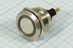 Двухполюсная кнопка без фиксации и с зелёной подсветкой (DPDT), ON-(OFF)/OFF-(ON); №10398G ПКн\250\ 5\(NC)&amp;(NO)\d22\мет\ ILзел\AV\6C\JS22F1\