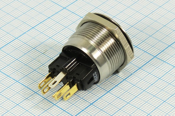 Двухполюсная кнопка без фиксации и с зелёной подсветкой (DPDT), ON-(OFF)/OFF-(ON); №10398G ПКн\250\ 5\(NC)&amp;(NO)\d22\мет\ ILзел\AV\6C\JS22F1\