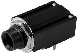 SJ-63043F, Phone Connectors audio jack, 6.35 mm, horizontal, 3 conductor, through hole, 2 DPDT switches w/ nut