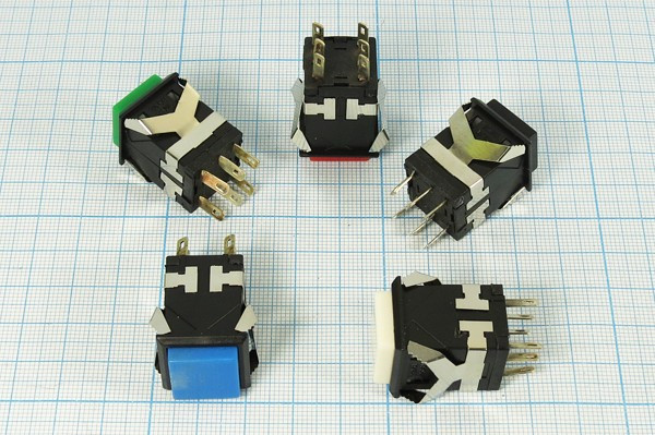 Переключатель кнопочный (DPDT), 220В/3АOFF-(ON)\ 17x17\бел\6C\KD2-24; №1742 W ПКн\250\ 3\(DPDT)\17x17\ чер\бел\\6C\KD2-24\