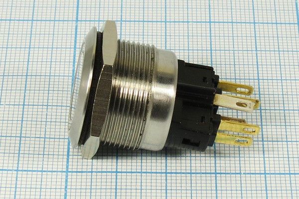Двухполюсная кнопка без фиксации и с красной подсветкой (DPDT), ON-(OFF)/OFF-(ON); №10398R ПКн\250\ 5\(NC)&amp;(NO)\d22\мет\ ILкр\AV\6C\JS22F11\