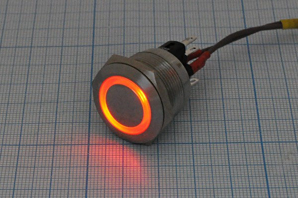 Двухполюсная кнопка без фиксации и с красной подсветкой (DPDT), ON-(OFF)/OFF-(ON); №10398R ПКн\250\ 5\(NC)&amp;(NO)\d22\мет\ ILкр\AV\6C\JS22F11\