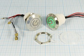 Влагозащищённая кнопка без фиксации (SPST), OFF-(ON) с зелёной подсветкой,12В/10А; №10330G ПКн\ 12\10\(SPST)\d32\мет\ ILзелСд12В\IP65\4L\\