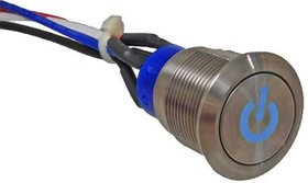 ULV4FWBSS544, Pushbutton Switches 19mm Anti-Vandal 3A 125/250VAC 1P ON(ON) Stainless Steel Power Symbol Blue LED 12V Wire IP67 IK08