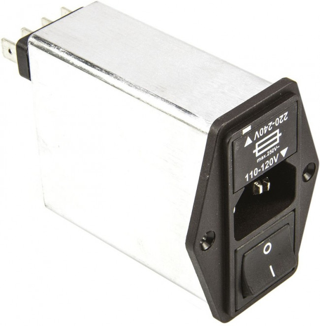 FN393-6-05-11, Filtered IEC Power Entry Module, IEC C14, General Purpose, 6 А, 250 В AC, 2-Pole Switch