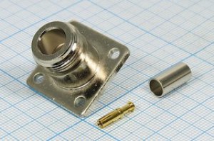 Разъем N розетка, RG58, на блок, обжимной, фланец 4 отверстия Разъем N розетка, RG58, на блок, обжимной, фланец 4 отверстия