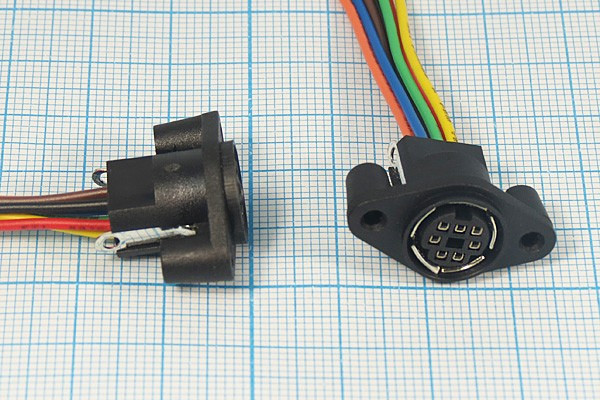 Гнездо miniDIN на панель с фланцем, 7 контактов, пластиковое, выводы 0.1м; №1600 гн miniDIN\ 7HP\пан\флан 2отв\пл\L-0,1м\[S-VHS]\