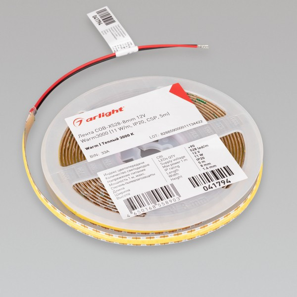 Arlight Лента COB-X528-8mm 12V Warm3000 (11 W/m, IP20, CSP, 5m) (-) Arlight Лента COB-X528-8mm 12V Warm3000 (11 W/m, IP20, CSP, 5m) (-)