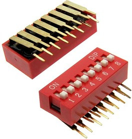 DA08R, DIP-переключатель угловой , 25 мА, 24 В, 50 мОм, 8 (ON-OFF) с шагом 2,54 мм, 6.7х21.88х9.9 мм