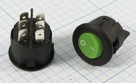 Переключатель клавишный, контакты 6T, 6А, ON-ON, d22, подсветка черная/зеленая, KCD8-22-G