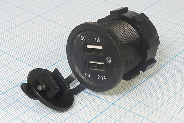 Два гнезда питания USB на панель с синей подсветкой, Uвых=5В/2.1А; №13257 гн пит USB2\14ВDC/5В-1А/2,1А\ 2T\\d29,5\СДILсин\ Два гнезда питания USB на панель с синей подсветкой, Uвых=5В/2.1А; №13257 гн пит USB2\14ВDC/5В-1А/2,1А\ 2T\\d29,5\СДILсин\