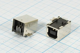 Гнездо USB, Тип B, угловое, 4 контакта, SMD на плату; №10284 гн USB \B\4P2C\плат\угл\SMD\USB B-FR SMD