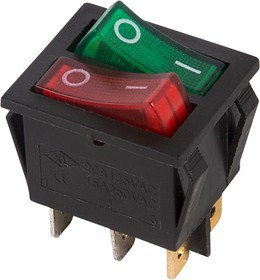 36-2450, Выключатель клавишный 250V 15А (6с) ON-OFF красный/зеленый с подсветкой ДВОЙНОЙ (RWB-511)