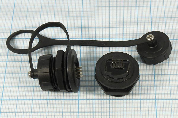 Гнездо телефонное 8P8C герметичный, на панель, угловой, RJ45F9; №13481 гн телеф 8P8C гермет\\пан\угл\RJ45F9\