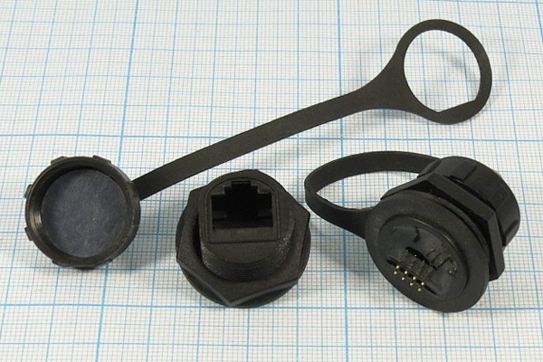 Гнездо телефонное 8P8C герметичный, на панель, угловой, RJ45F9; №13481 гн телеф 8P8C гермет\\пан\угл\RJ45F9\