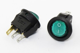Переключатель клавишный, контакты 3T, 3А, 12В, ON-OFF, d14.5, подсветка ILзеленая, SMRS101N2C3