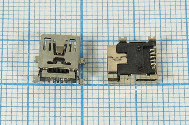 Разъем mini USB B-FR SMD розетка, тип B, контакты 5P4C, монтаж на плату, угловой, SMD, miniUSB B-FR SMD