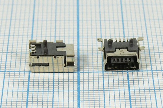 Разъем mini USB B-FR SMD розетка, тип B, контакты 5P4C, монтаж на плату, угловой, SMD, miniUSB B-FR SMD