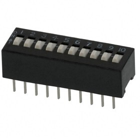 208-10, DIP Switches / SIP Switches DIP switches/SIP switches, SPST, SLIDE ACTUATOR, 10 POS, Thru-Hole, UNSEALED, TUBE, OFF