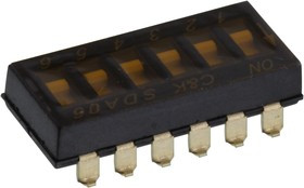 SDA06H0SBR, Switch DIP OFF ON SPST 6 Flush Slide 0.1A 24VDC Gull Wing 1000Cycles 2.54mm SMD T/R