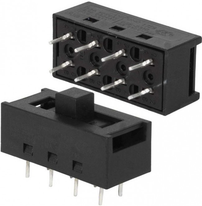 KBB10, Движковый переключатель , 14х30х21 мм, 8 контактов, 10 А, 250 В