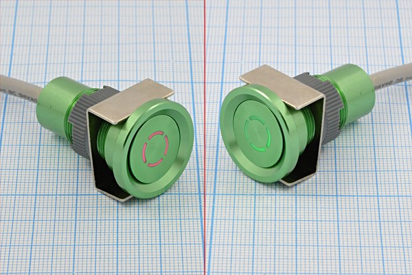 Герметичная кнопка, зелёная с двухцветной подсветкой, 12В/3А,ON-OFF, мет/ILкр/зел; №12677 ПКн\ 12\ 3\SPDT\d19\зел\ILкр&amp; зел\IP68\5L\LA19\