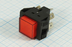 Включатель кнопочный без фиксации, красный с подсветкой, 220В/15А, OFF-(ON); №10523R ПКн\250\15\(DPST)\30x22\ чер\ILкр\\6T\PBS-201B\