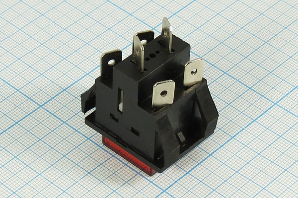 Включатель кнопочный без фиксации, красный с подсветкой, 220В/15А, OFF-(ON); №10523R ПКн\250\15\(DPST)\30x22\ чер\ILкр\\6T\PBS-201B\