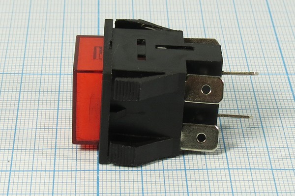 Включатель кнопочный без фиксации, красный с подсветкой, 220В/15А, OFF-(ON); №10523R ПКн\250\15\(DPST)\30x22\ чер\ILкр\\6T\PBS-201B\