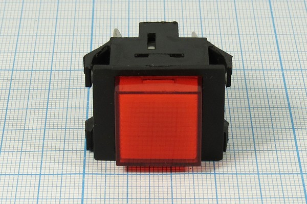 Включатель кнопочный без фиксации, красный с подсветкой, 220В/15А, OFF-(ON); №10523R ПКн\250\15\(DPST)\30x22\ чер\ILкр\\6T\PBS-201B\