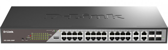 D-Link DSS-200G-28MP/A1A Настраиваемый L2 коммутатор с 24 портами 10/100/1000Base-T и 4 комбо-портами 100/1000Base-T/SFP (24 порта PoE 802.3 D-Link DSS-200G-28MP/A1A Настраиваемый L2 коммутатор с 24 портами 10/100/1000Base-T и 4 комбо-портами 100/1000Base-T/SFP (24 порта PoE 802.3