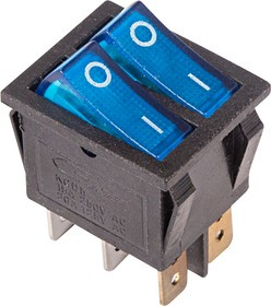 36-2411, Выключатель клавишный 250V 15А (6с) ON-OFF синий с подсветкой ДВОЙНОЙ (RWB-511, SC-797)