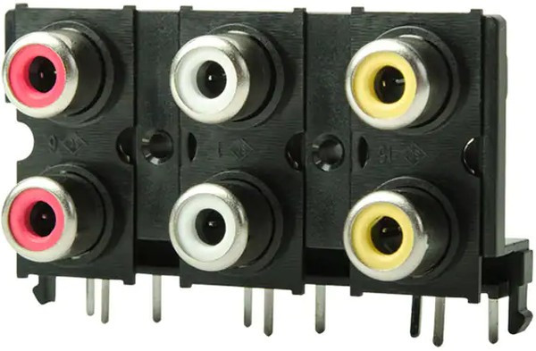 RCJ-61223645, RCA Phono Connectors RCA jack, 6P, 2 x 3, rt, through hole, RD/WH/YL RD/GR/BE