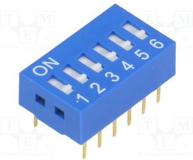 DSR-06, Переключатель DIP-SWITCH, Кол-во секций 6, ON-OFF, 0,05A/12ВDC